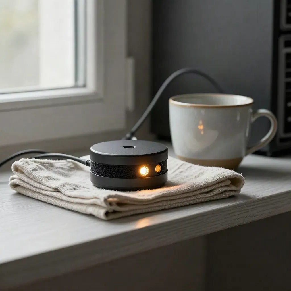 Intrusion-detection puck glowing beside a wool cloth and ceramic cup on pale wood.