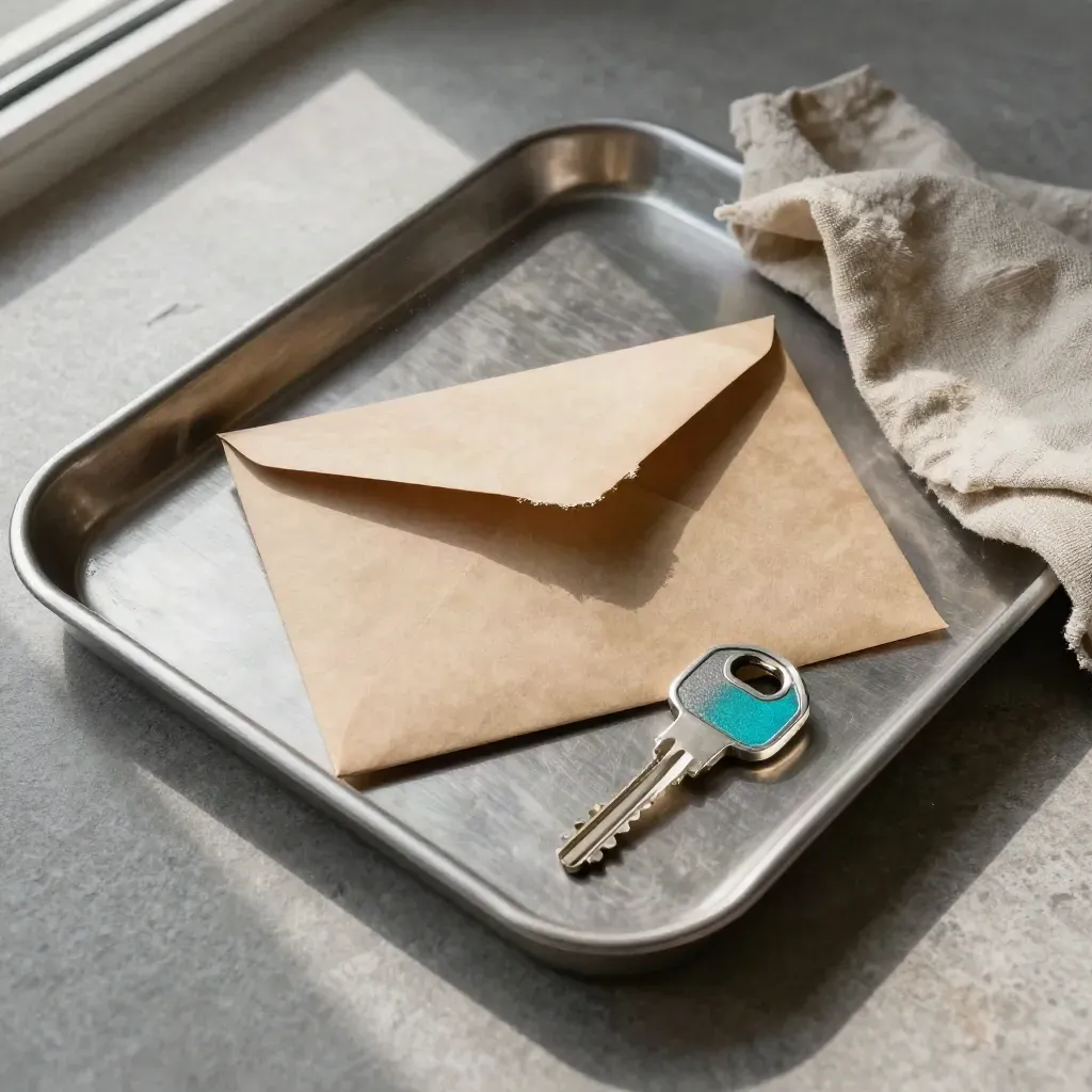 Torn envelope beside a hardware security key on a brushed-metal tray with folded cloth.