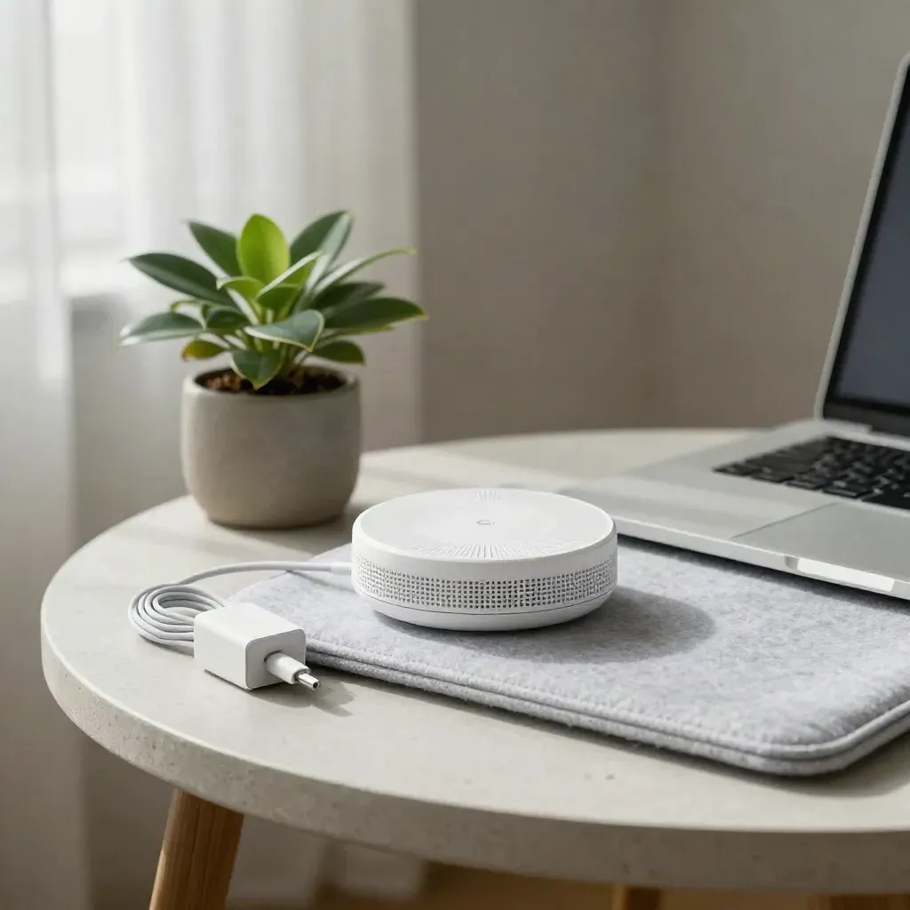 Mesh Wi‑Fi node with laptop sleeve, charging puck, and houseplant on a plaster side table.