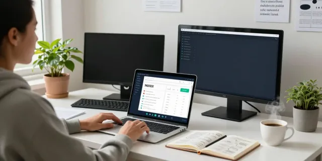 Content creator utilizing instant indexing methods in a modern workspace.