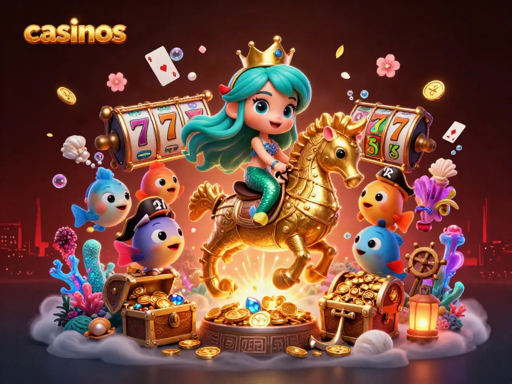 Experience the thrill of casinos with a cartoon mermaid and seahorse amidst gold and gems.