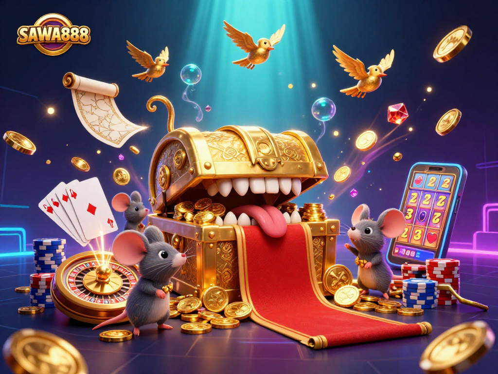 Experience thrilling wins at SAWA888 with the 3D treasure chest and colorful casino elements.