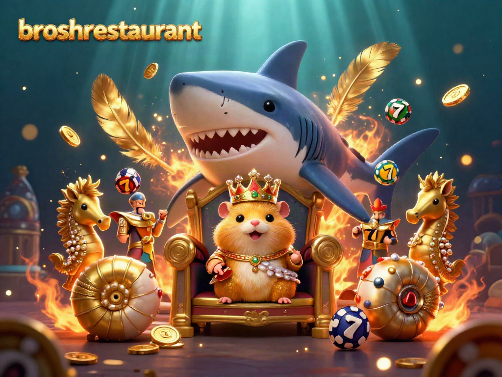 Experience the excitement of broshrestaurant with a golden hamster king in a dynamic casino scene featuring slot elements.