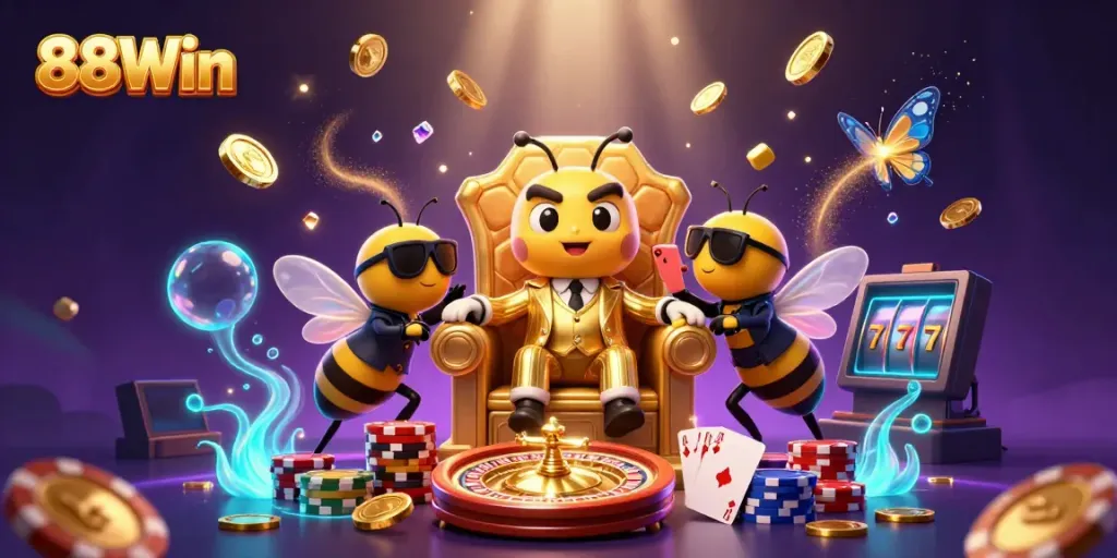 Experience thrilling gameplay with 88Win as a cartoon mob boss and gold-themed casino scene.