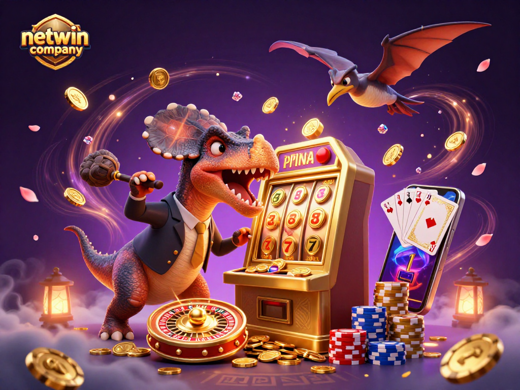 A dynamic casino scene of a netwin company pachycephalosaurus winning coins at a golden slot machine.