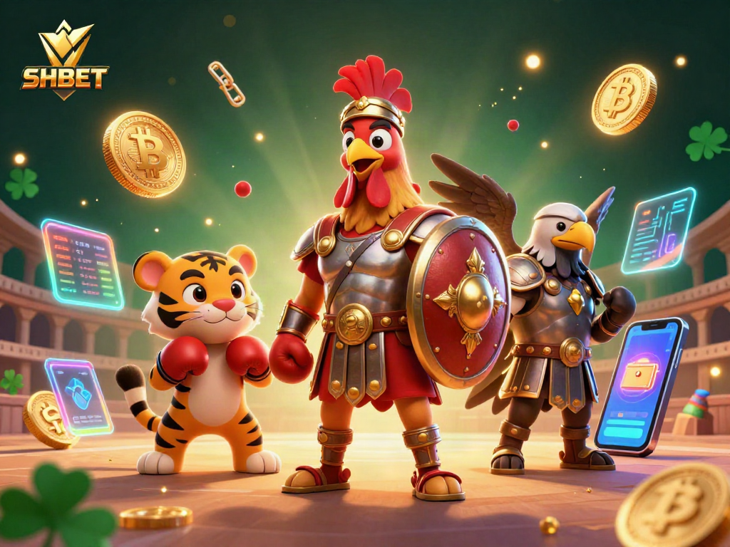 SHBET enhances gaming with a dynamic 3D illustration of a rooster gladiator amidst crypto elements.