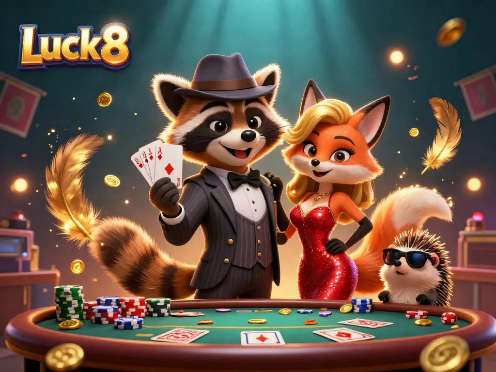 Luck8 captivates with a raccoon holding a royal flush amidst swirling gold and poker tokens, exuding casino excitement.