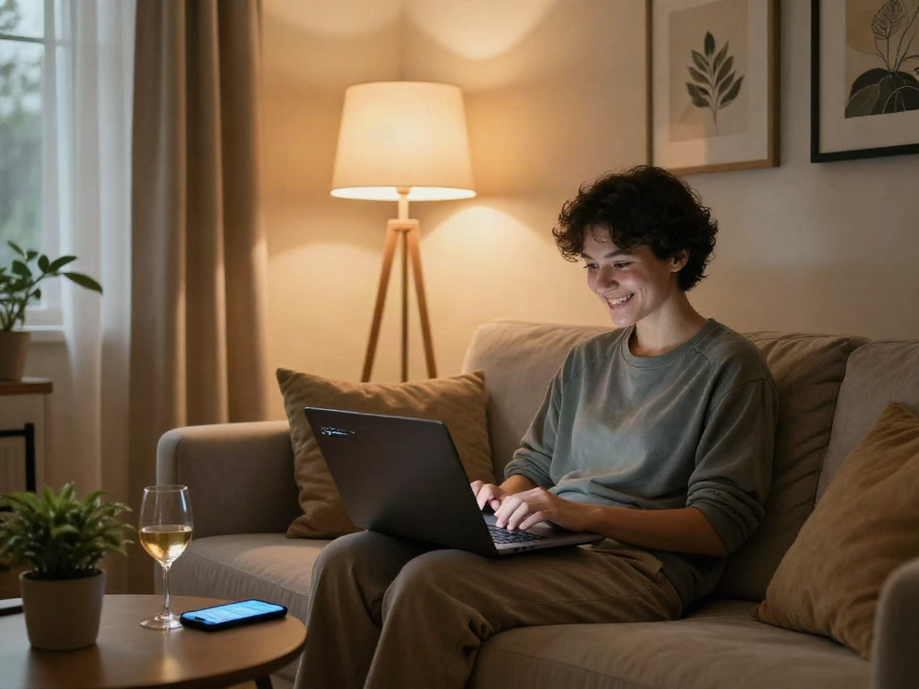 Engaging in an AI sex chat in a cozy room with warm lighting, showcasing a modern intimate digital experience.