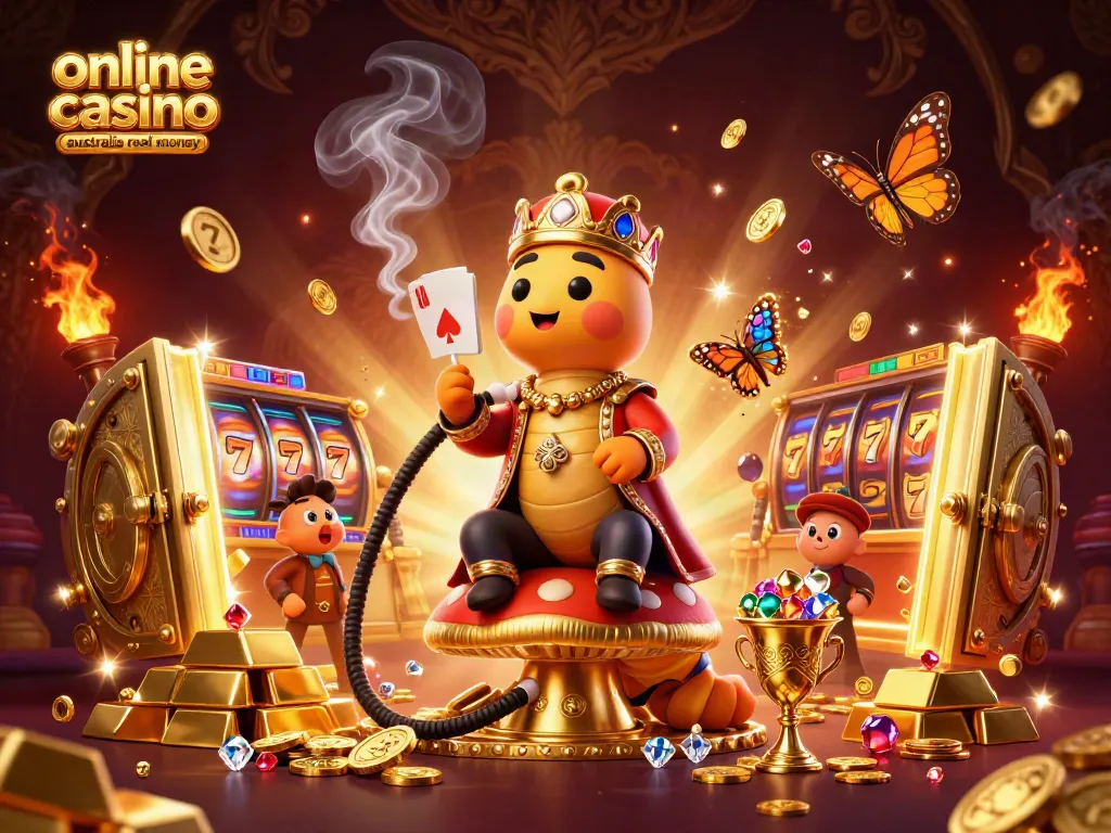 Experience the magic of online casino australia real money with a vibrant 3D scene of a majestic caterpillar, golden treasures, and exciting slot reels.