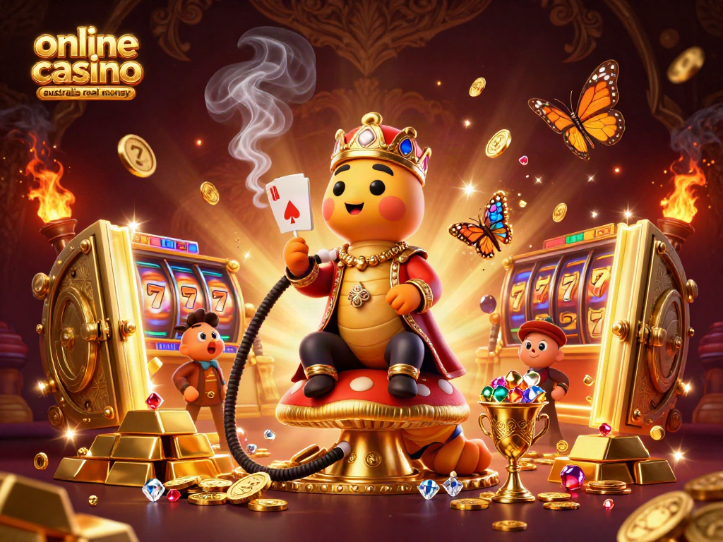 Experience the magic of online casino australia real money with a vibrant 3D scene of a majestic caterpillar, golden treasures, and exciting slot reels.