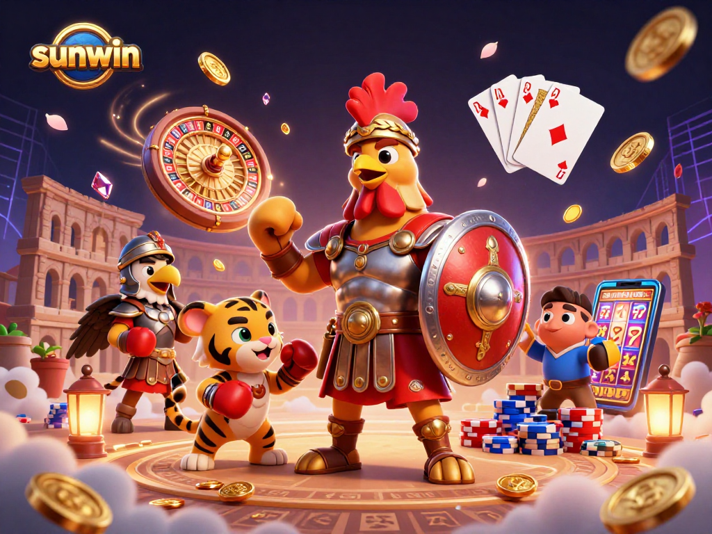 Engage in thrilling gameplay at sunwin with a dynamic 3D casino scene featuring vibrant characters.