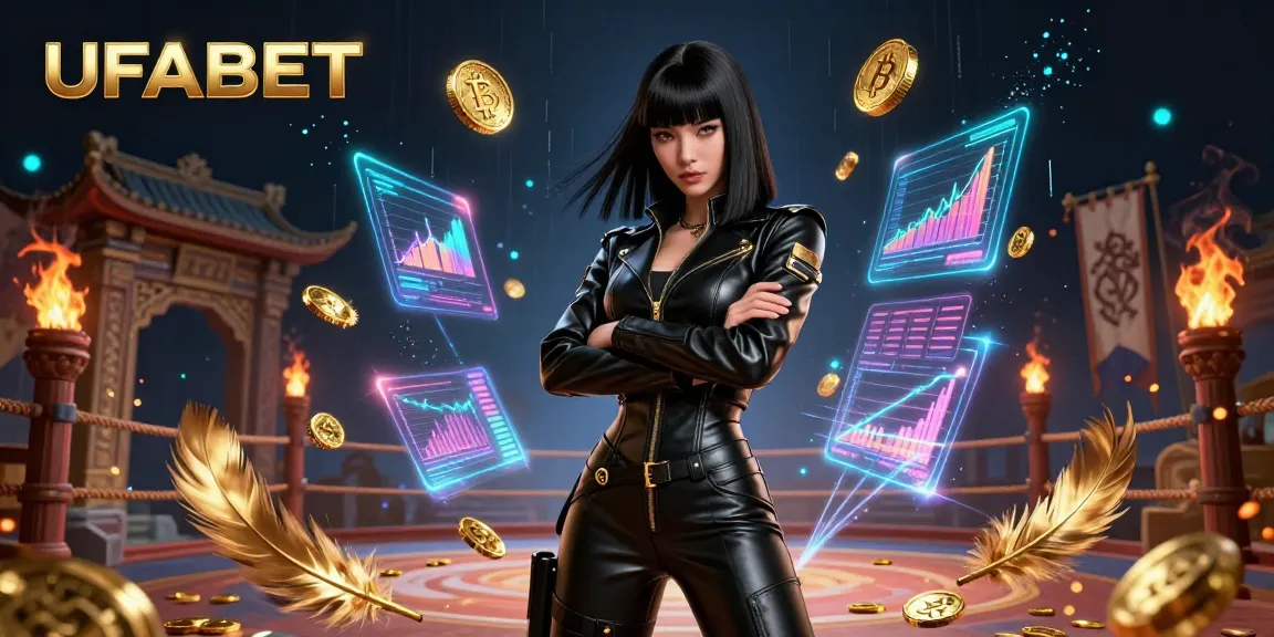 Experience the excitement of online gambling with UFABET, featuring a dynamic Asian woman in a futuristic casino.