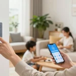 Family adjusting their smart thermostat in a modern, cozy living room.