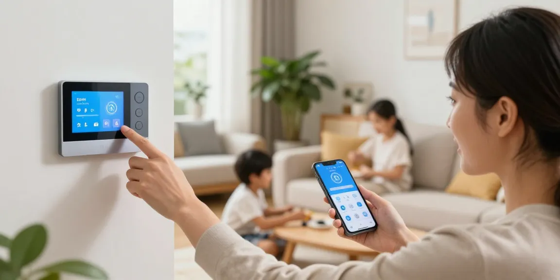 Family adjusting their smart thermostat in a modern, cozy living room.