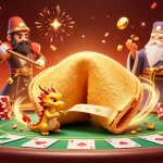 Engage with 789win in this vibrant 3D casino scene featuring a golden fortune cookie and dynamic game elements.