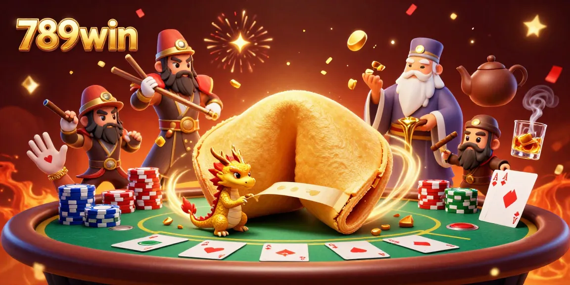 Engage with 789win in this vibrant 3D casino scene featuring a golden fortune cookie and dynamic game elements.