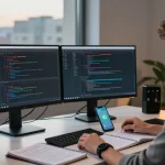 Student using WhatsApp網頁版 for coding assignments in a modern workspace.