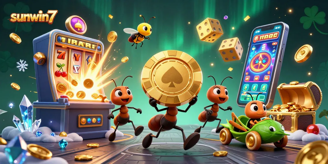 Experience the thrill of sunwin7 with a team of cartoon ants pulling off a heist amid a vibrant casino scene.