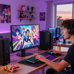 Engaging living room scene showcasing friends playing ecchi games with gaming gear and collectibles.