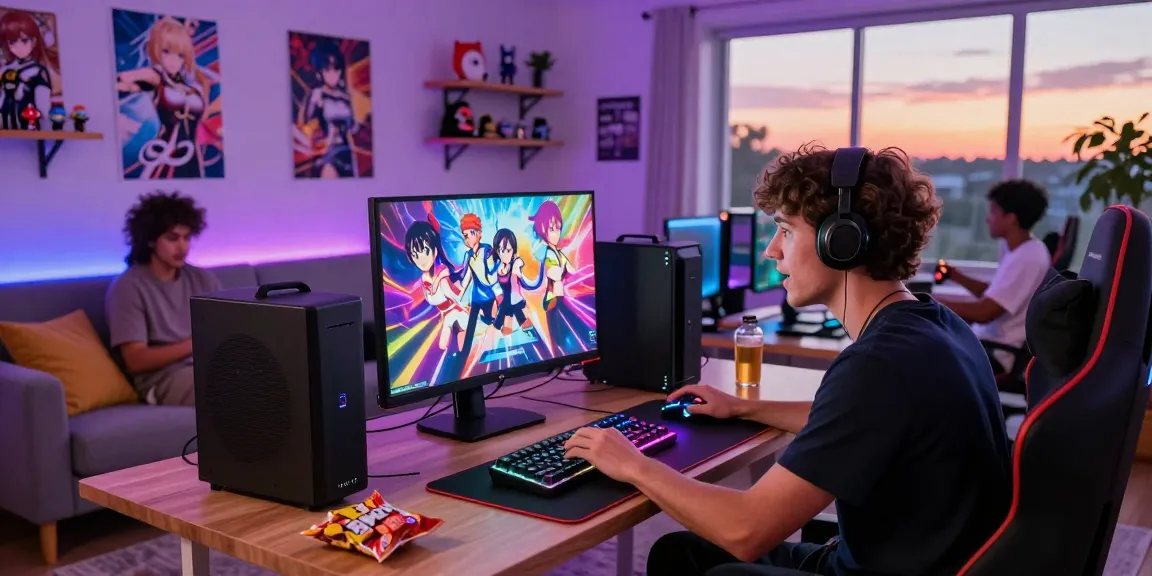 Engaging living room scene showcasing friends playing ecchi games with gaming gear and collectibles.
