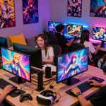 Exciting gamers enjoying various ecchi games in a lively gaming lounge.