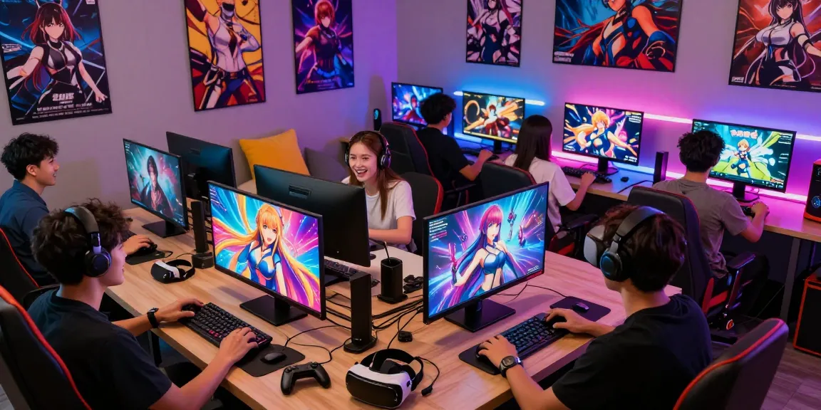 Exciting gamers enjoying various ecchi games in a lively gaming lounge.
