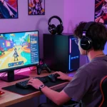 Engaged player immersed in a hentai game with vibrant lighting and accessories.