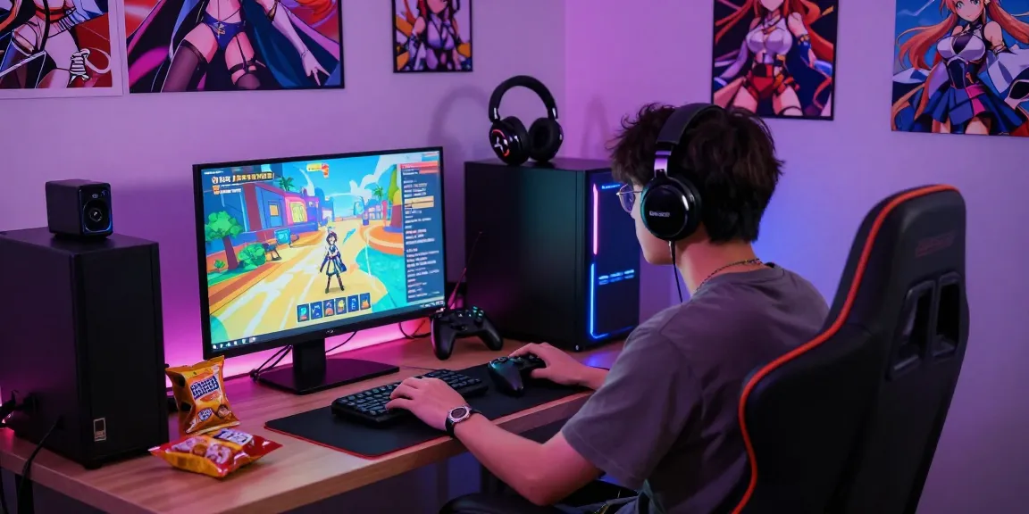 Engaged player immersed in a hentai game with vibrant lighting and accessories.