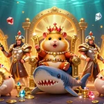 Engage with nk886 as the golden hamster king rules from a megalodon throne amidst treasure.