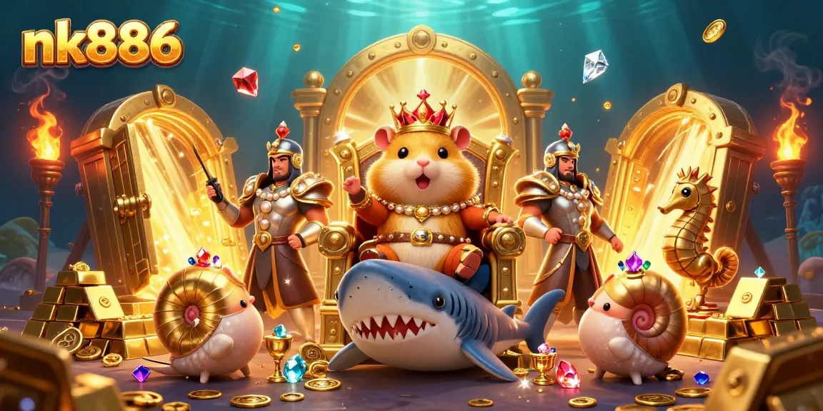 Engage with nk886 as the golden hamster king rules from a megalodon throne amidst treasure.