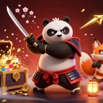 Experience the excitement of kèo nhà cái with a vibrant 3D illustration showcasing samurai panda and ninja fox surrounded by gems and playing cards.