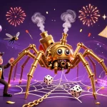 Participă la pariuri sportive md cu o ilustrație captivantă de casino ce înfățișează un păianjen auriu și bile de loterie.