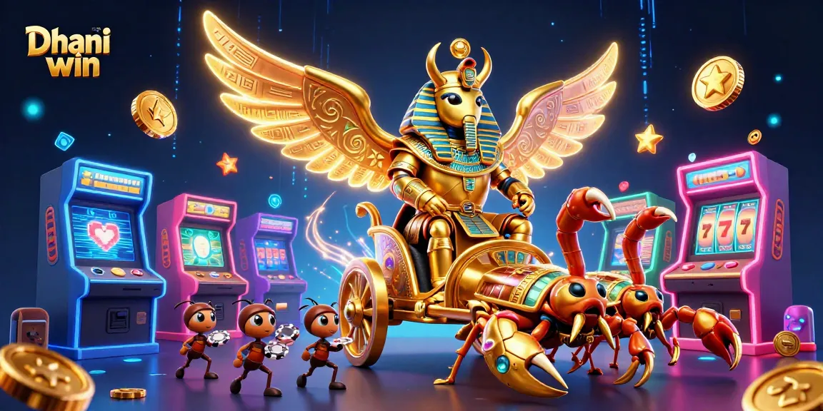 Dhani win gaming adventure with dynamic characters, slot reels, and colorful arcade themes.