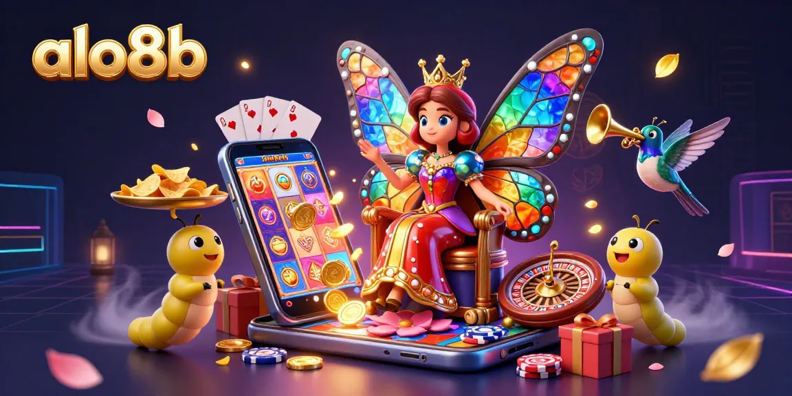 Engage with the thrilling world of gambling on alo8b featuring a vibrant scene of a butterfly queen and game elements.