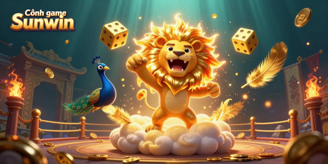 Cổng game Sunwin showcases dynamic gaming action with a roaring lion, golden dice, and vibrant casino elements.
