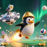 MMOO's golden penguin charges toward a casino while sports balls soar in this vibrant illustration