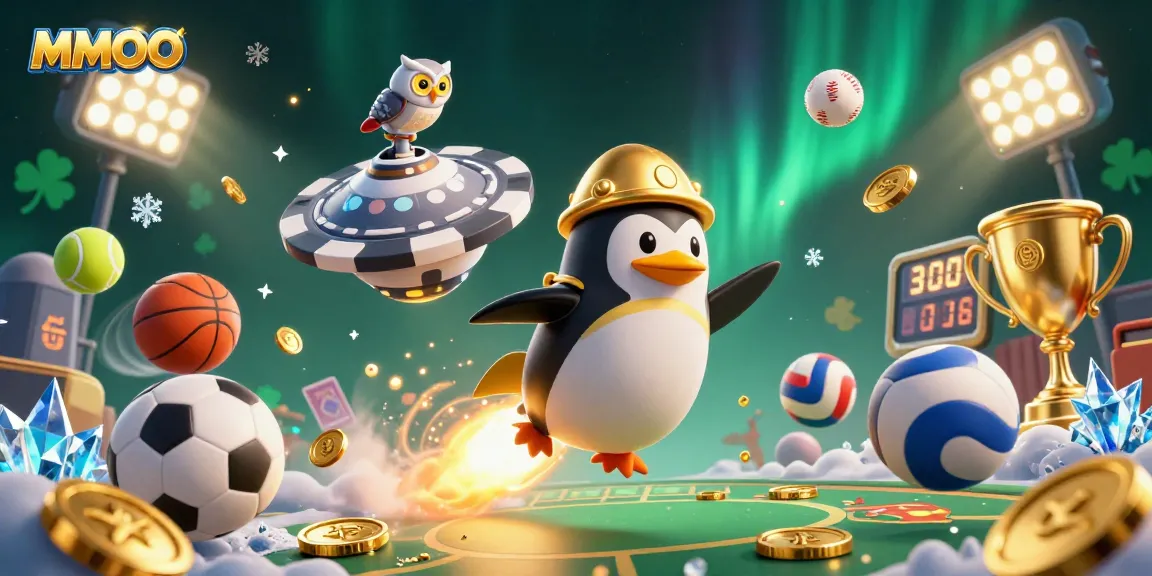 MMOO's golden penguin charges toward a casino while sports balls soar in this vibrant illustration