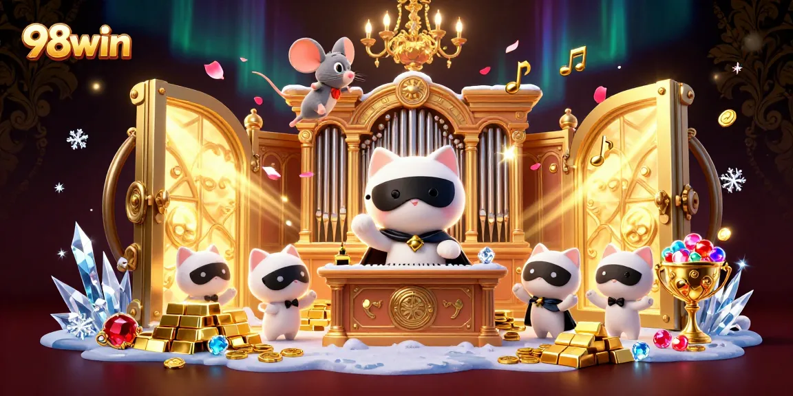 Experience excitement at 98win with a vibrant casino scene filled with treasures and animated characters.
