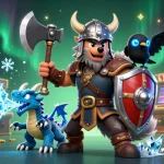 Experience the excitement of new online casinos with a Viking wolf and dragon in a vibrant gaming scene.