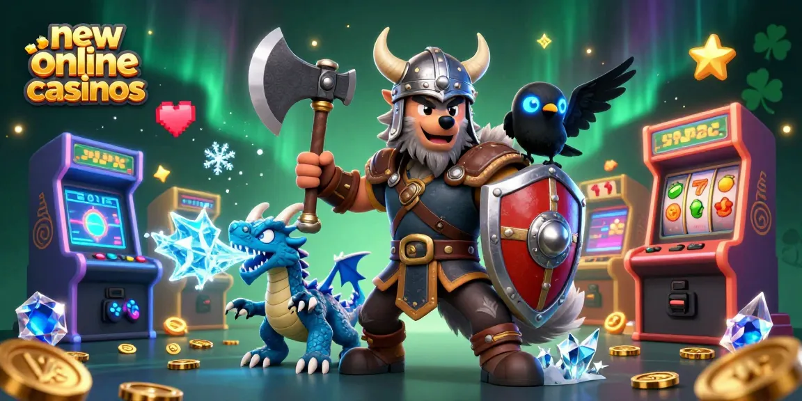 Experience the excitement of new online casinos with a Viking wolf and dragon in a vibrant gaming scene.