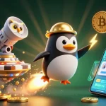 M98 showcases a dynamic scene of a golden penguin soaring toward a casino station amid crypto elements.