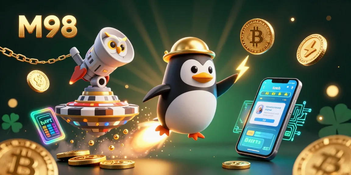M98 showcases a dynamic scene of a golden penguin soaring toward a casino station amid crypto elements.