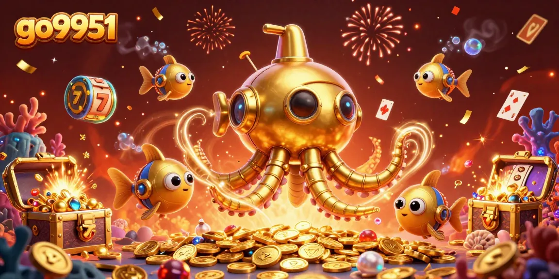 Engage with go9951 in a vibrant 3D illustration featuring a golden kraken submarine amidst a sea of coins.